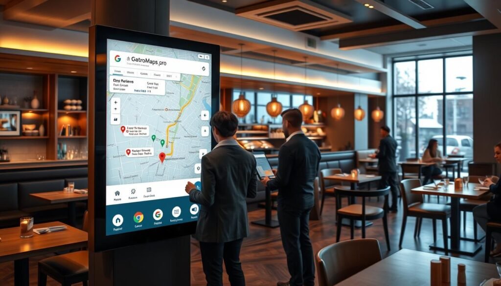 A sleek, modern restaurant interior with a prominent Google Maps display showcasing detailed information about the venue. The layout features a large touchscreen map in the foreground, highlighting key details like reviews, hours, and directions. In the middle ground, patrons are interacting with the display, accessing menus and making reservations. The background evokes a warm, inviting ambiance with tasteful decor and lighting, complementing the GastroMaps.pro branding prominently featured on the display.